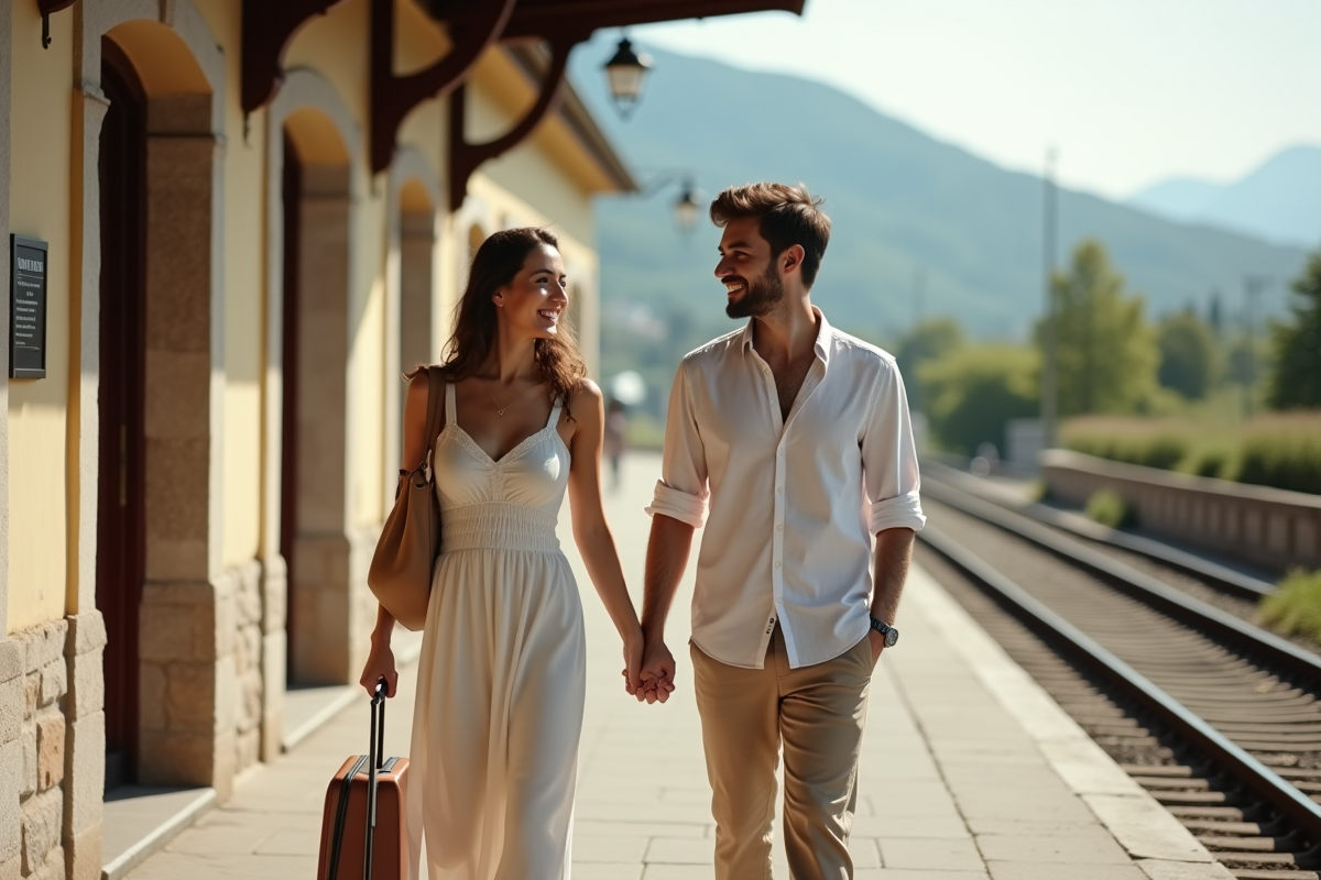 Jeune couple de mariés devant une gare européenne