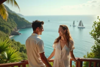 Jeune couple marié riant sur une terrasse tropicale