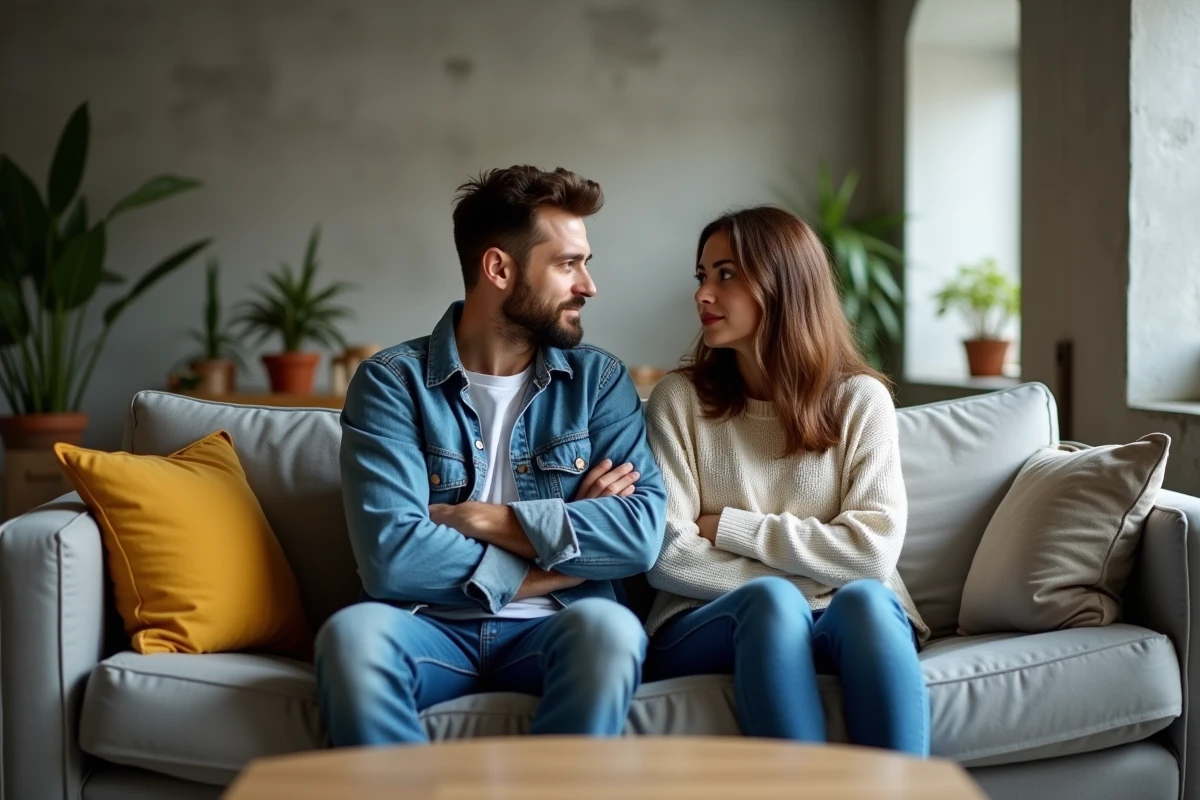Couple marié assis ensemble sur un canapé mais émotionnellement distant, la femme cherchant le regard de son mari indifférent, signe de crise relationnelle