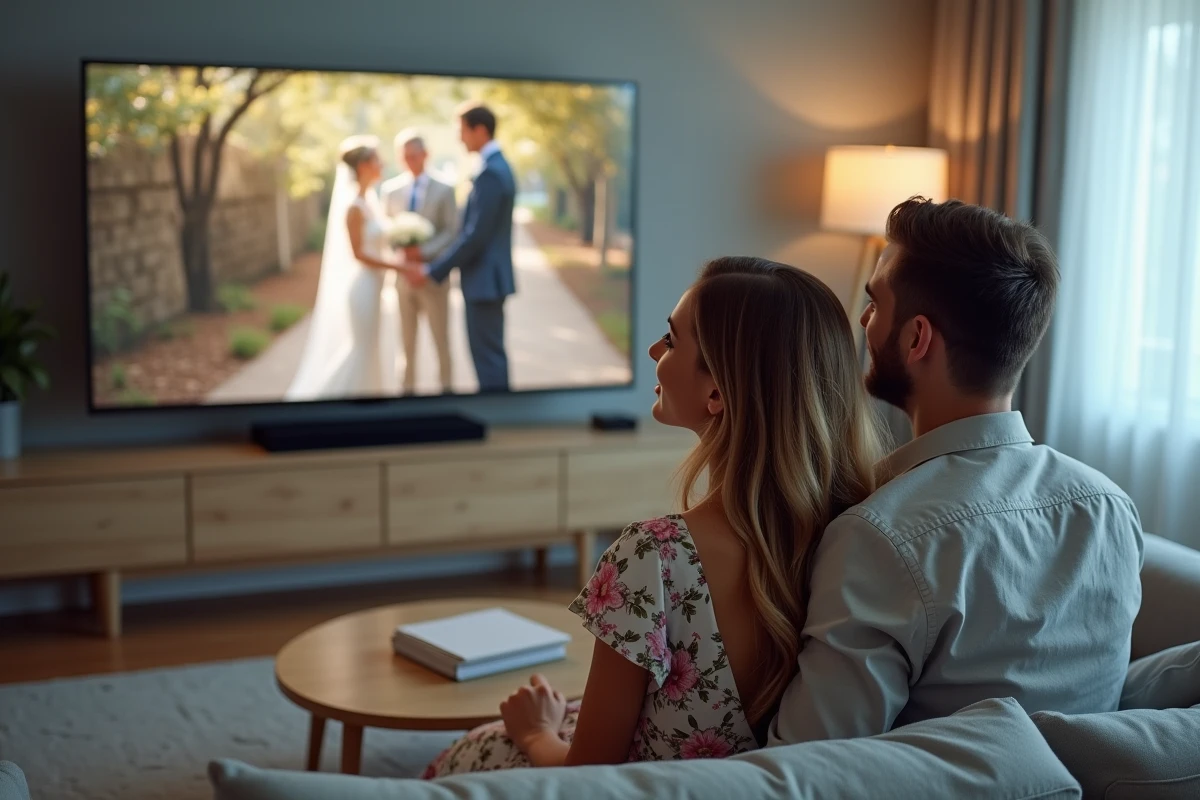 Couple de mariés regardant ensemble leur diaporama mariage avec musique sur un écran de télévision