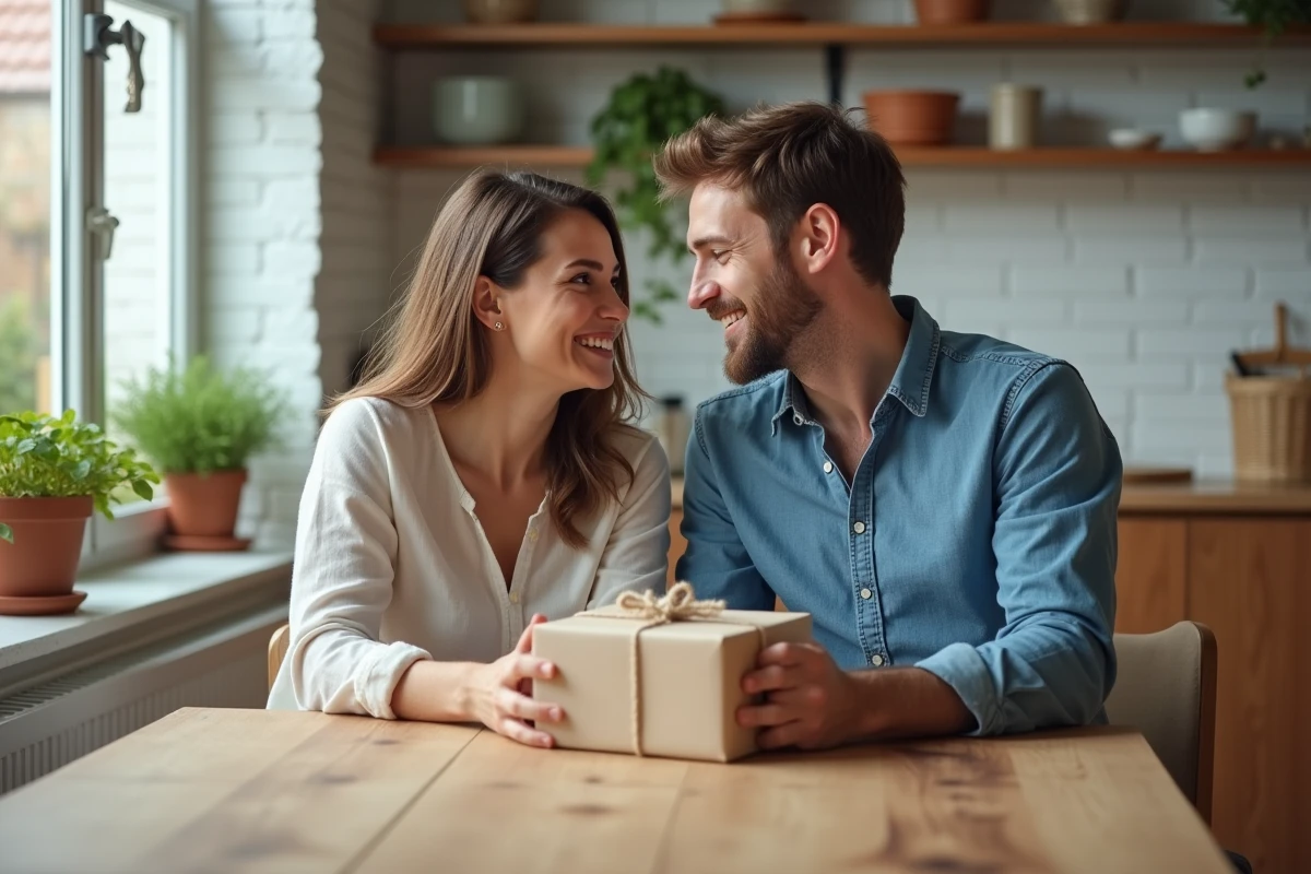 Couple moderne célébrant leurs noces de coton avec un cadeau emballé en tissu naturel sur une table en bois