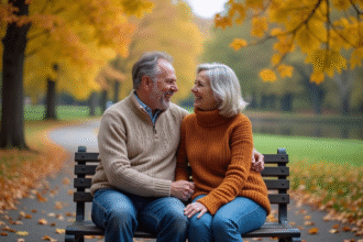 Couple d'âge moyen sur un banc en automne avec feuillage