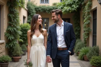 Couple élégant dans une cour parisienne romantique