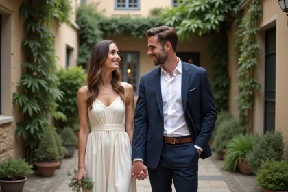 Couple élégant dans une cour parisienne romantique