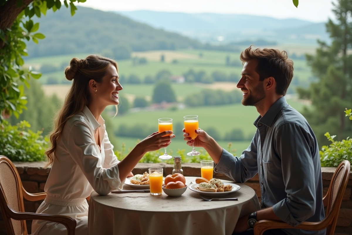 Jeune couple dégustant un petit déjeuner avec vue sur la vallée