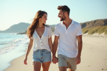 Jeune couple souriant marchant sur la plage en été