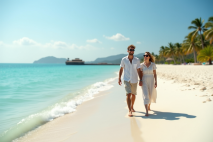 Jeune couple souriant sur une plage tropicale en voyage