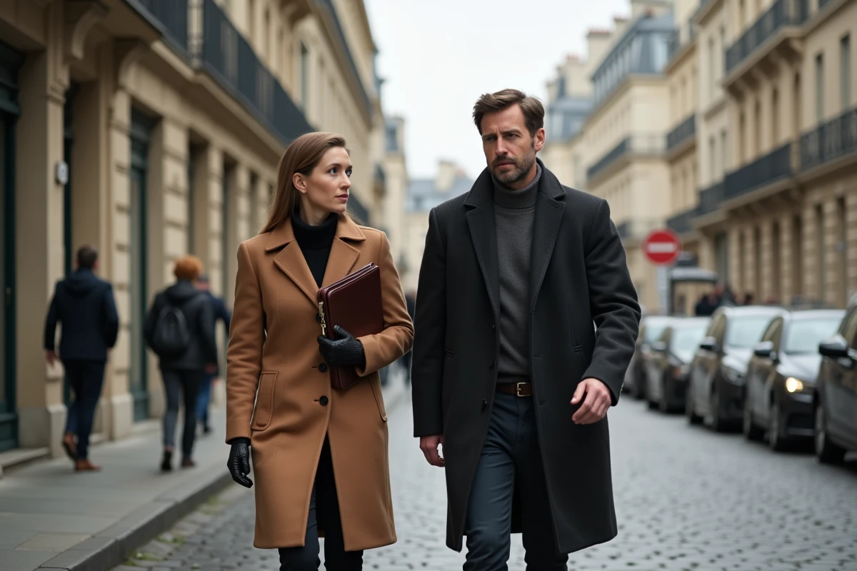 Couple élégant marchant dans un quartier d'affaires parisien, évoquant la dynamique professionnelle et personnelle entre Samantha de Bendern et son mari