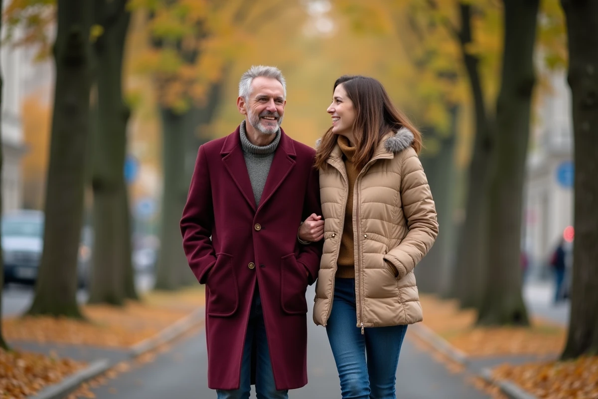 Couple heureux se promenant en ville de province française après s'être rencontrés via un site de rencontre élite