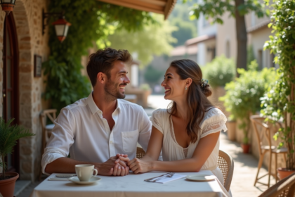 Jeune couple de mariés riant dans un café en méditerranée