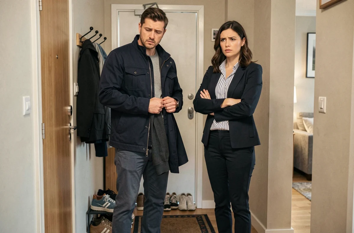 Couple marié dans un couloir d'appartement avec une tension visible, illustrant les erreurs à éviter dans les premiers mois du mariage