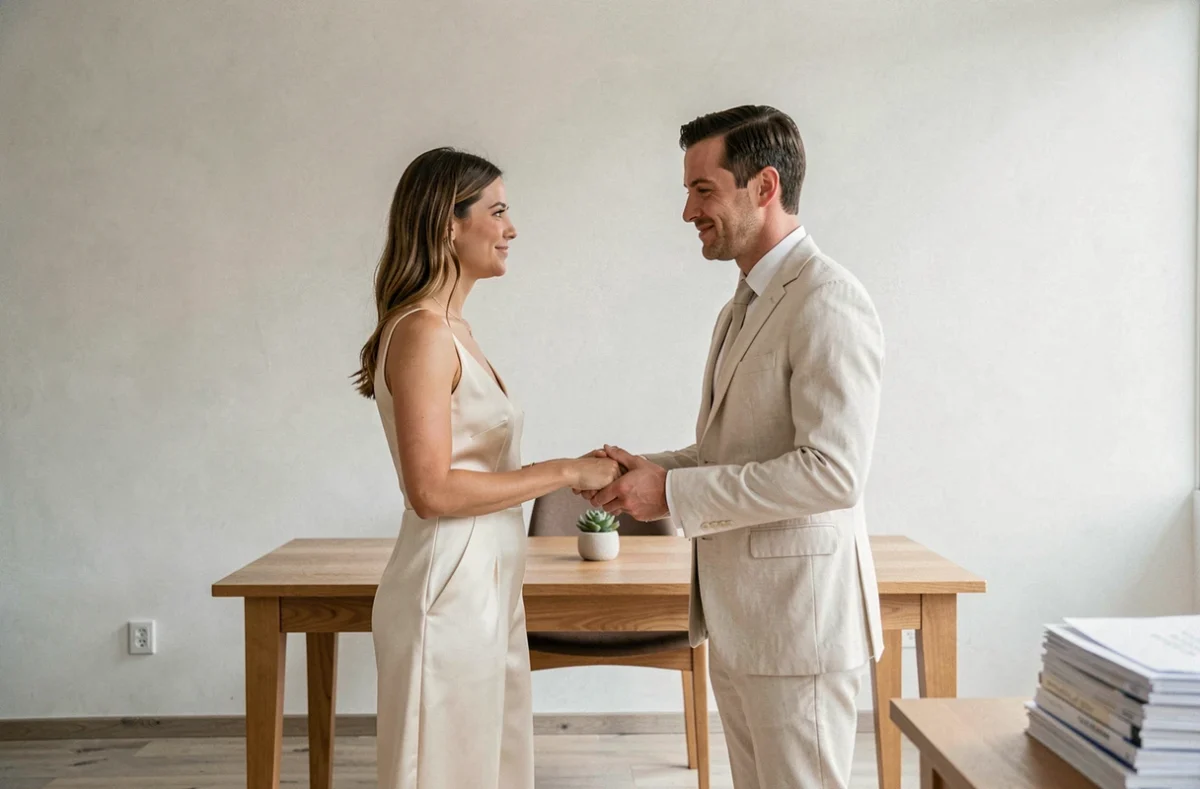 Couple en tenue minimaliste ivoire lors d'une cérémonie de mariage civil dans une mairie contemporaine