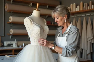Couturière mesurant une robe de mariée sur mesure en soie ivoire sur un mannequin dans un atelier parisien