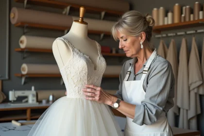 Couturière mesurant une robe de mariée sur mesure en soie ivoire sur un mannequin dans un atelier parisien