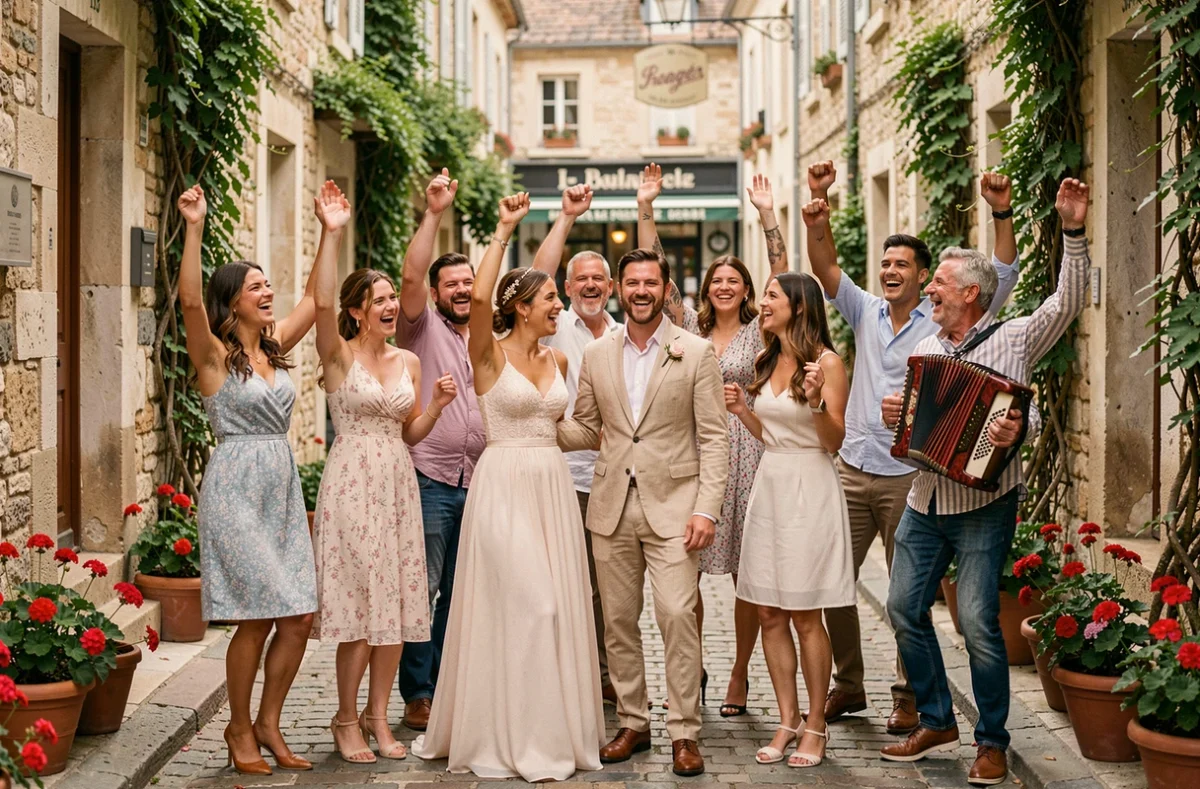 Groupe de mariés et invités dansant dans la rue devant la mairie au son d'un accordéon lors d'une fête de mariage civil festive