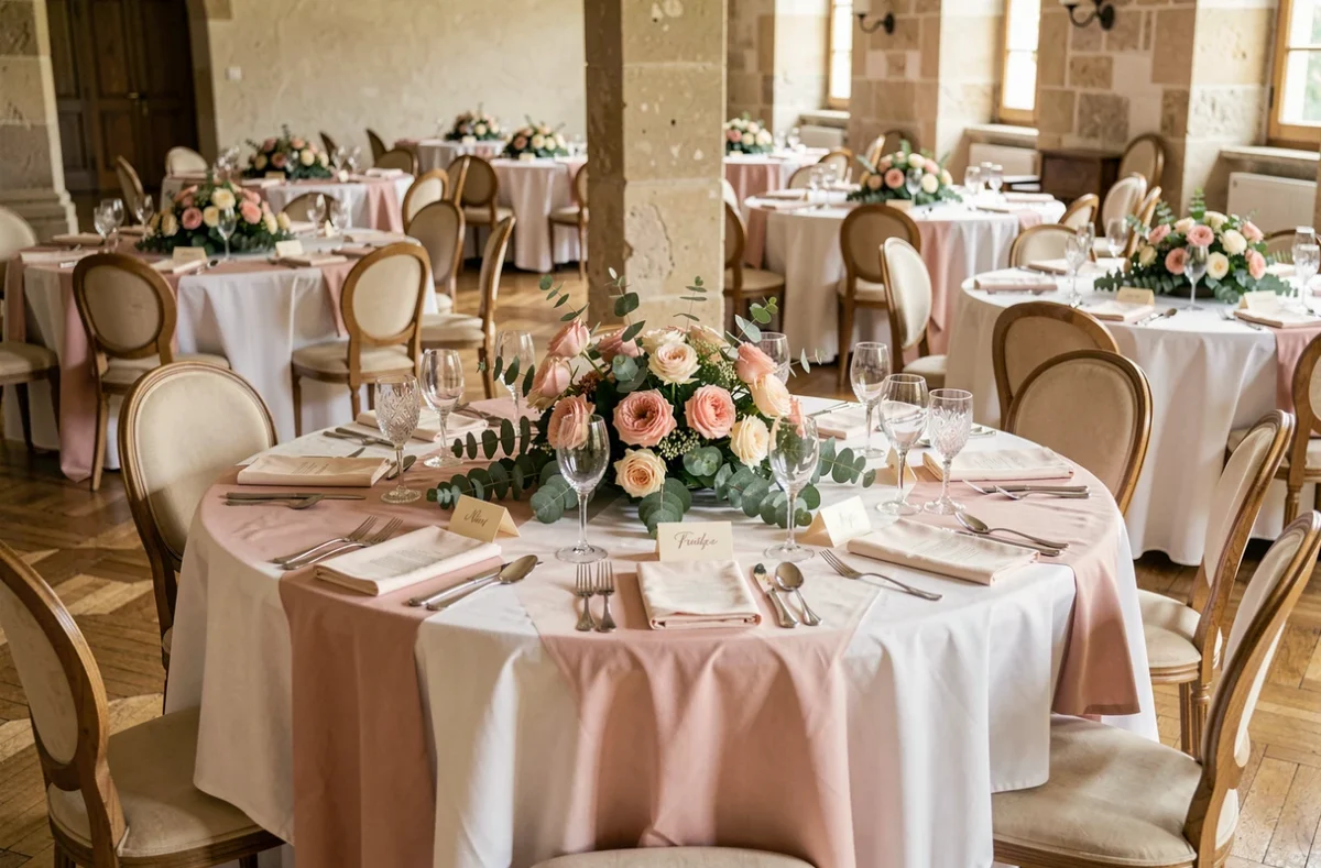 Décoration de table de réception pour un mariage de 100 personnes dans un château français avec vaisselle raffinée et centres de table floraux