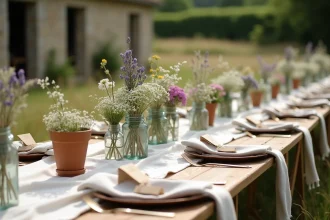Table de mariage champêtre en plein air avec décoration rustique en lin, fleurs sauvages dans des bouteilles vintage et chemin de table naturel