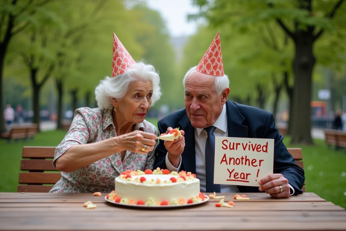 Couple âgé dégustant gâteau anniversaire au parc