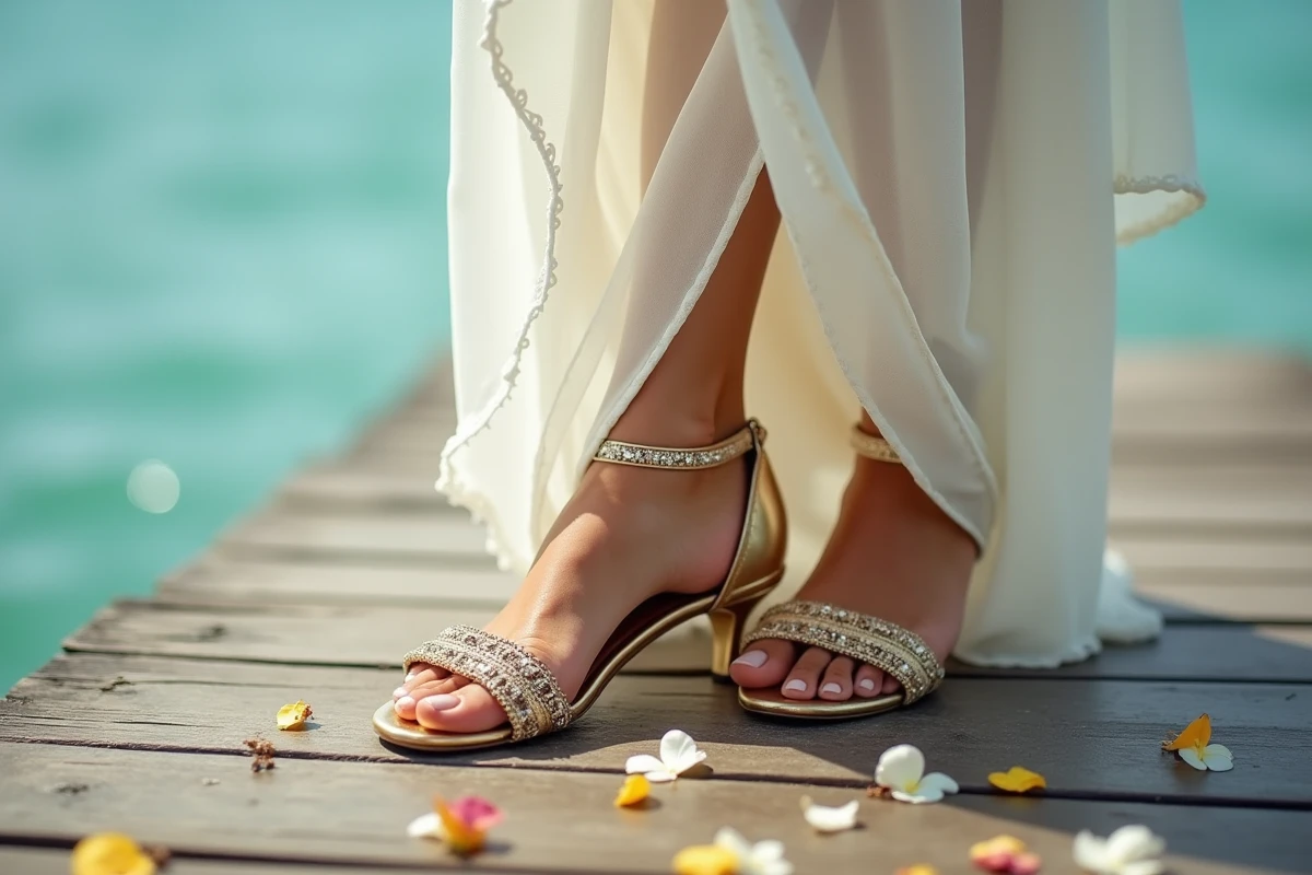 Détail chaussures de mariée dorées à cristaux avec robe bohème en soie sur un ponton en bois au bord de l'eau, mariage lumineux 2026
