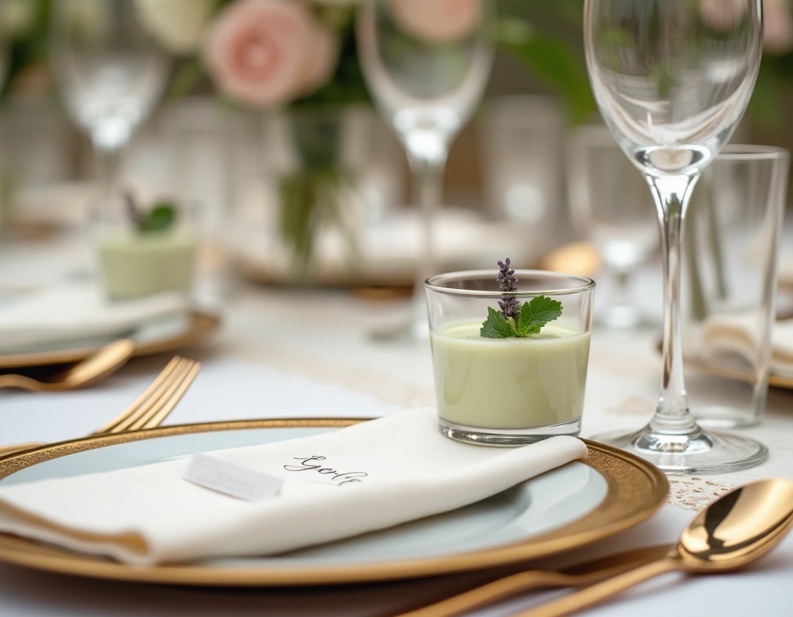 Détail d'un couvert de mariage haut de gamme avec verrine amuse-bouche et décoration de table élégante