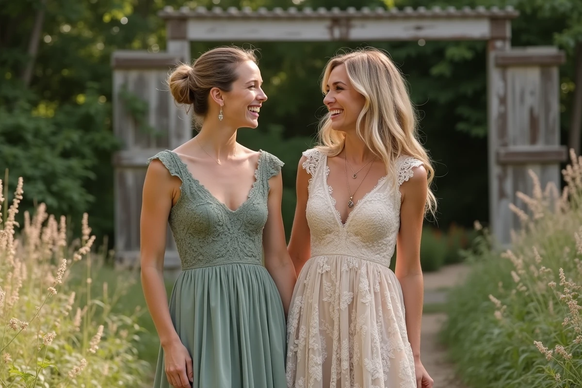 Deux invitées en robes dentelle complémentaires riant dans un jardin fleuri lors d'un mariage