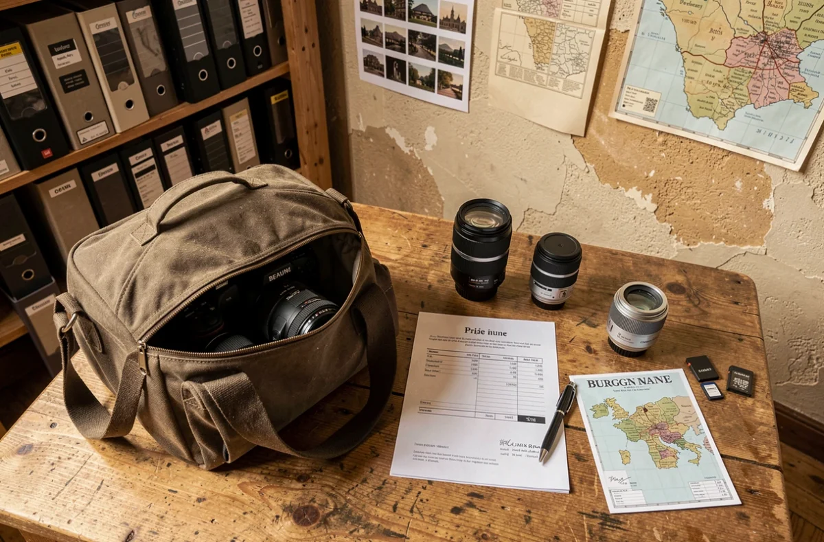 Devis et équipement photographique sur une table dans un studio photo à Beaune