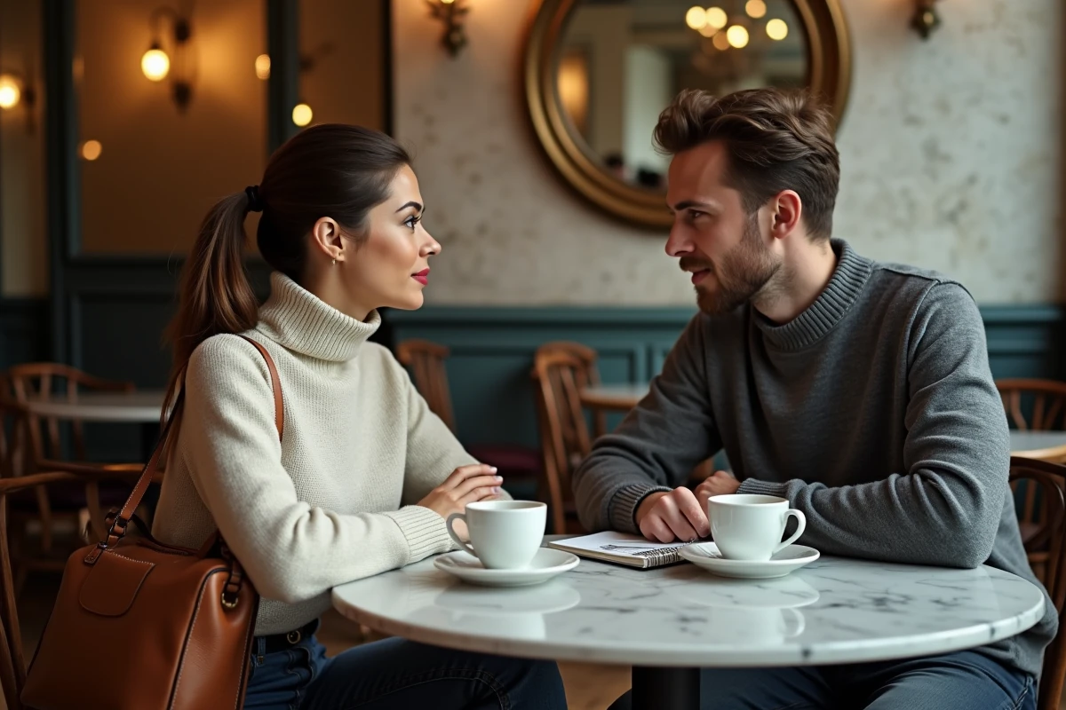 Couple discutant autour d'un café dans un bistrot parisien, symbolisant l'équilibre entre vie personnelle et influence professionnelle dans le parcours de Samantha de Bendern