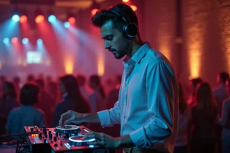 DJ homme en action lors d'un mix dans une salle moderne