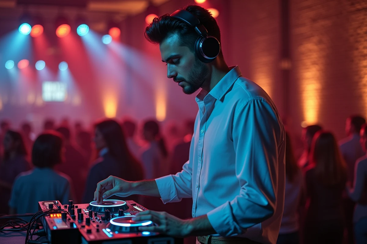 DJ homme en action lors d'un mix dans une salle moderne