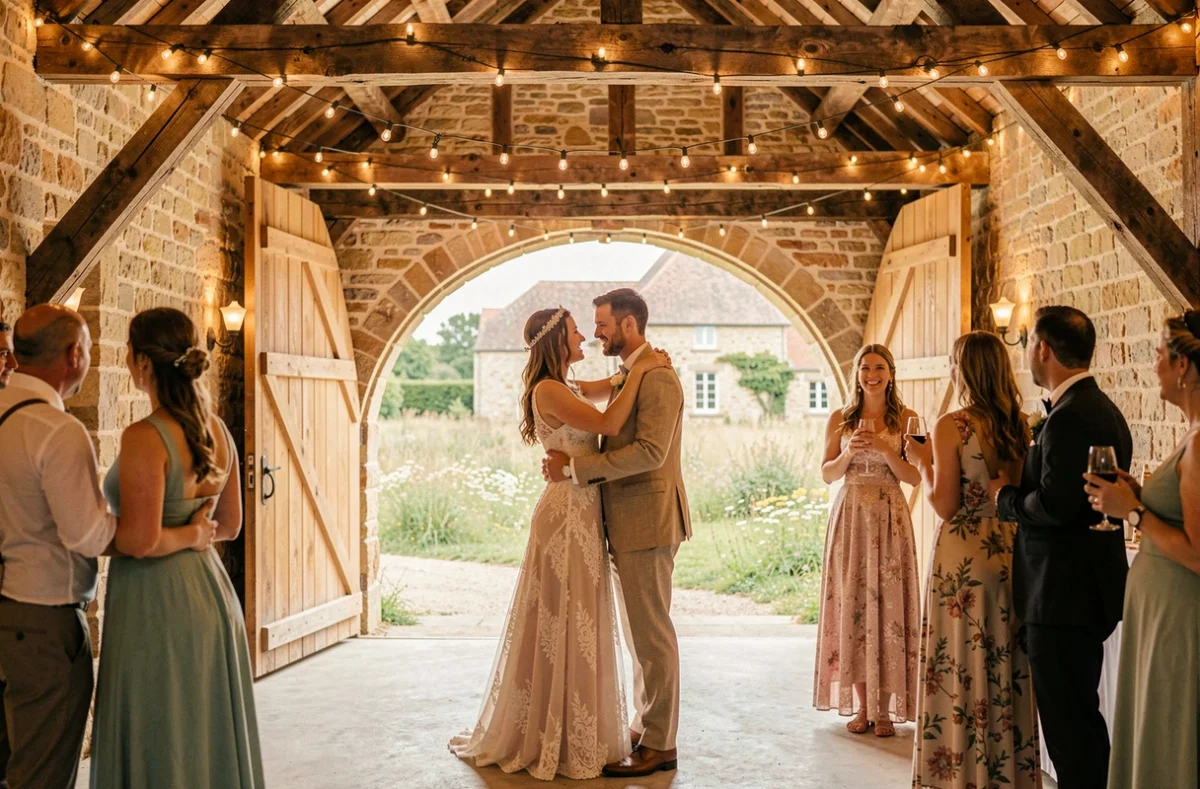 Les mariés dansent dans la grange décorée du Domaine de Collen entourés de leurs invités