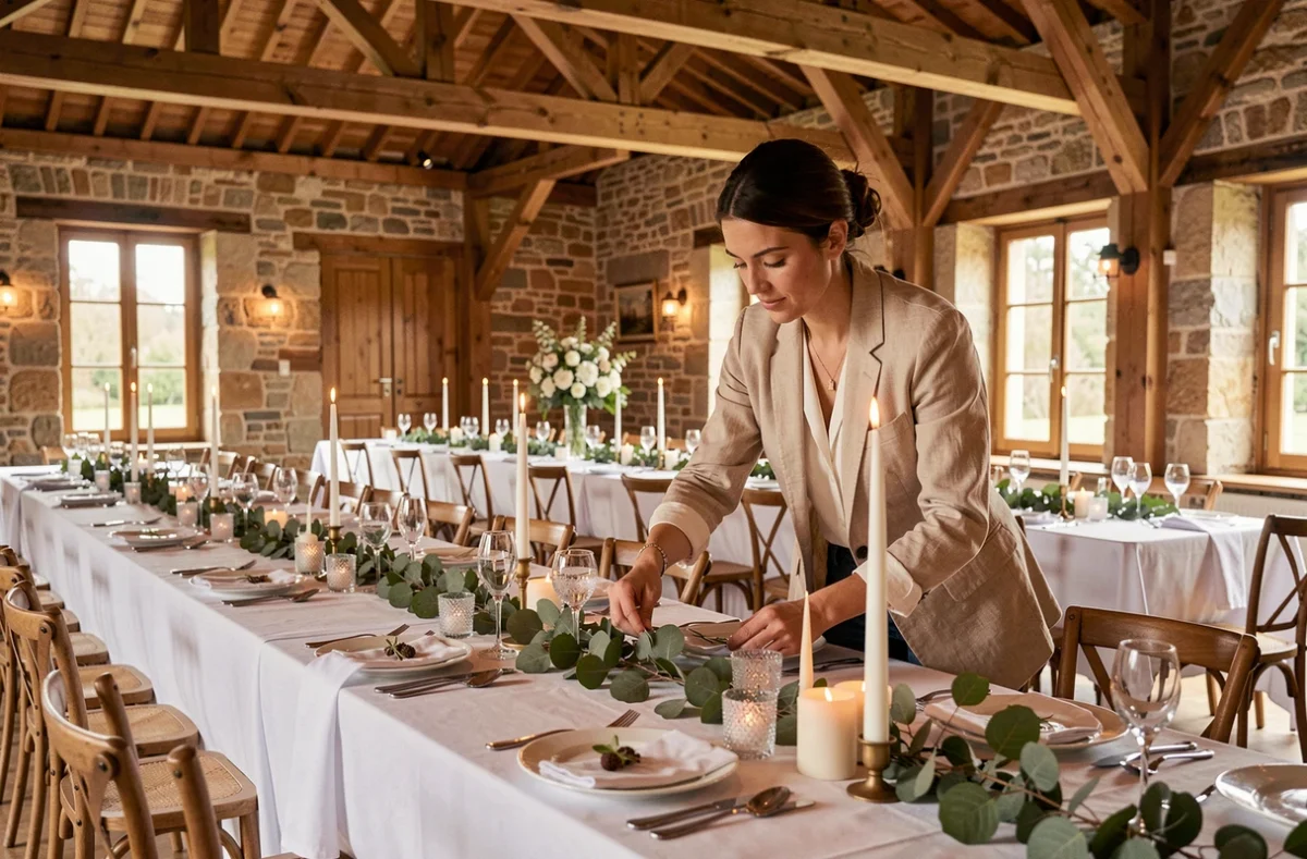 Salle de réception du Domaine de la Traxène décorée pour un dîner de mariage