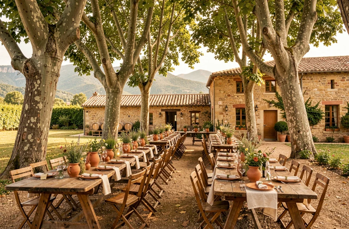 Réception de mariage en plein air au Domaine de Rombeau dans les Pyrénées-Orientales avec tables sous les platanes et collines pyrénéennes