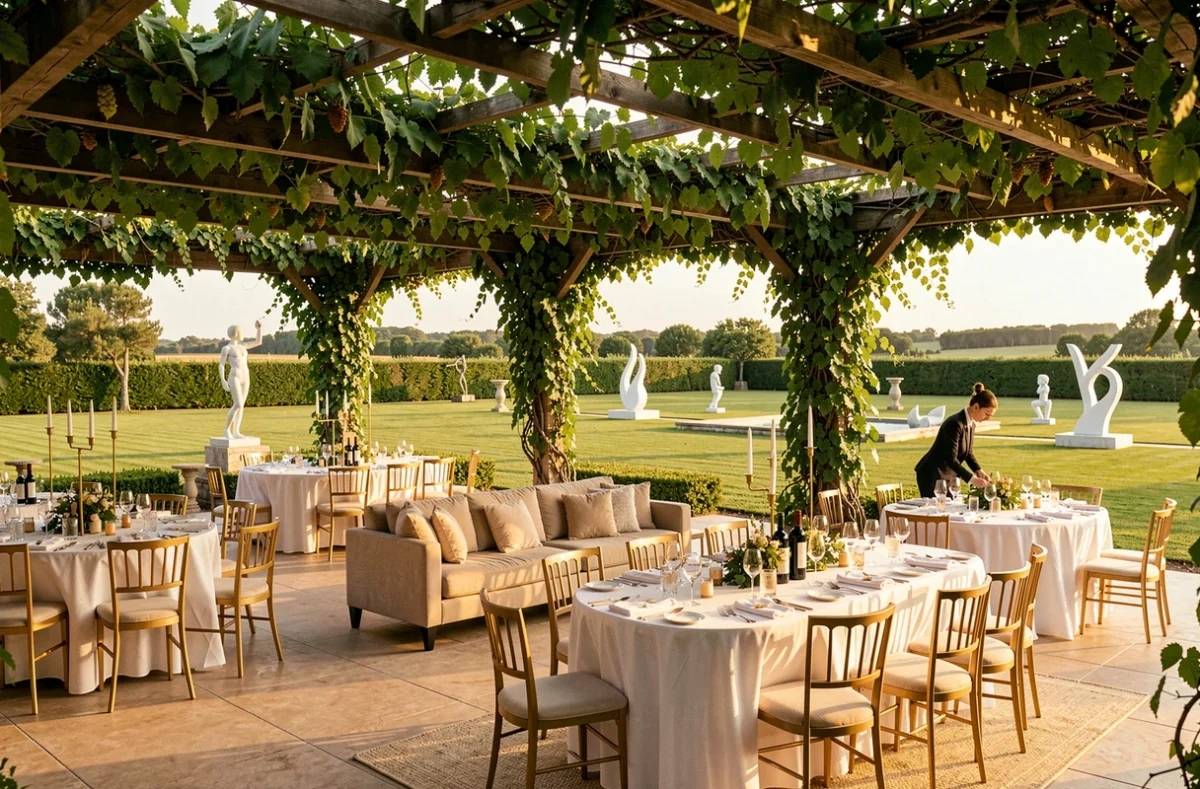 Terrasse de réception du Domaine de Verchant dans l'Hérault avec pergola végétalisée, mobilier design et pelouse soignée