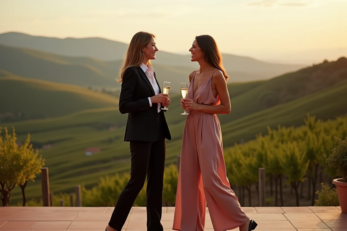 Deux femmes en ensembles pantalon mariage minimaliste et romantique sur une terrasse de vignoble au coucher du soleil