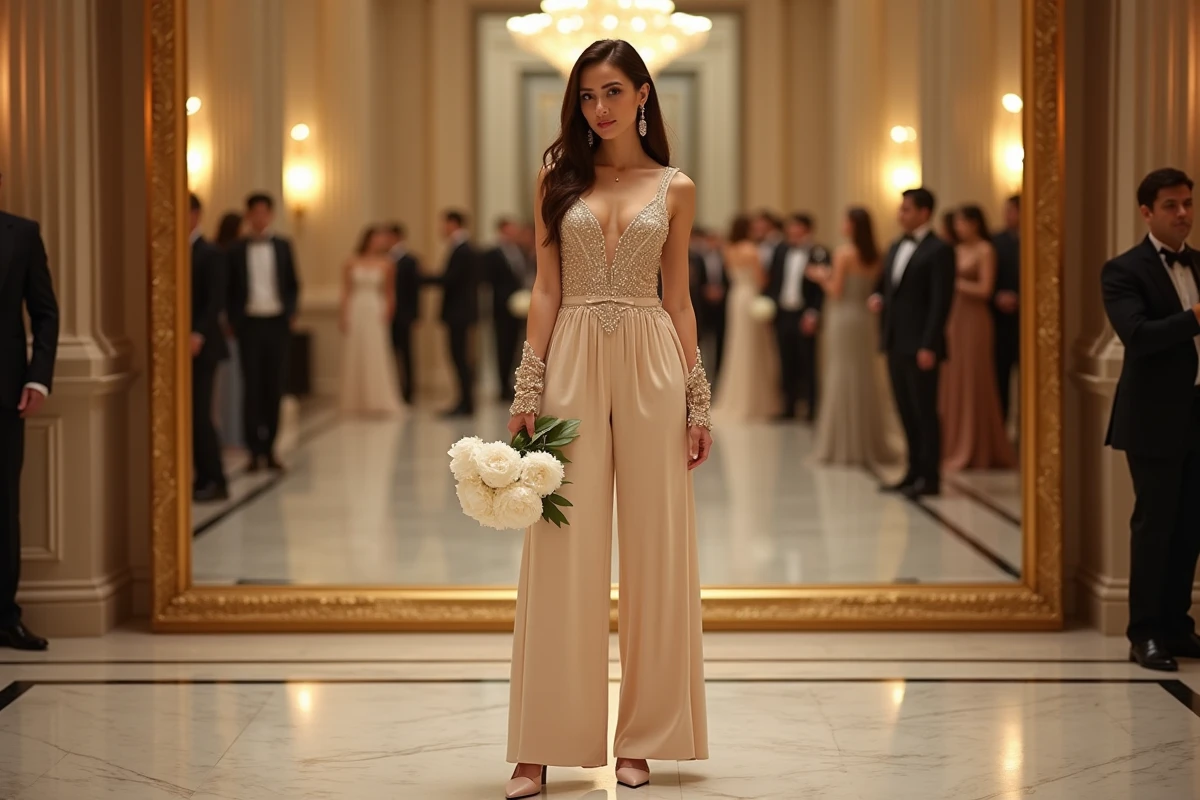 Femme en combinaison pantalon glamour dorée à sequins lors d'une réception de mariage dans un grand salon