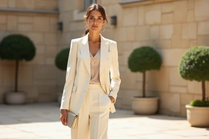 Femme portant un ensemble pantalon mariage minimaliste ivoire dans une cour parisienne ensoleillée