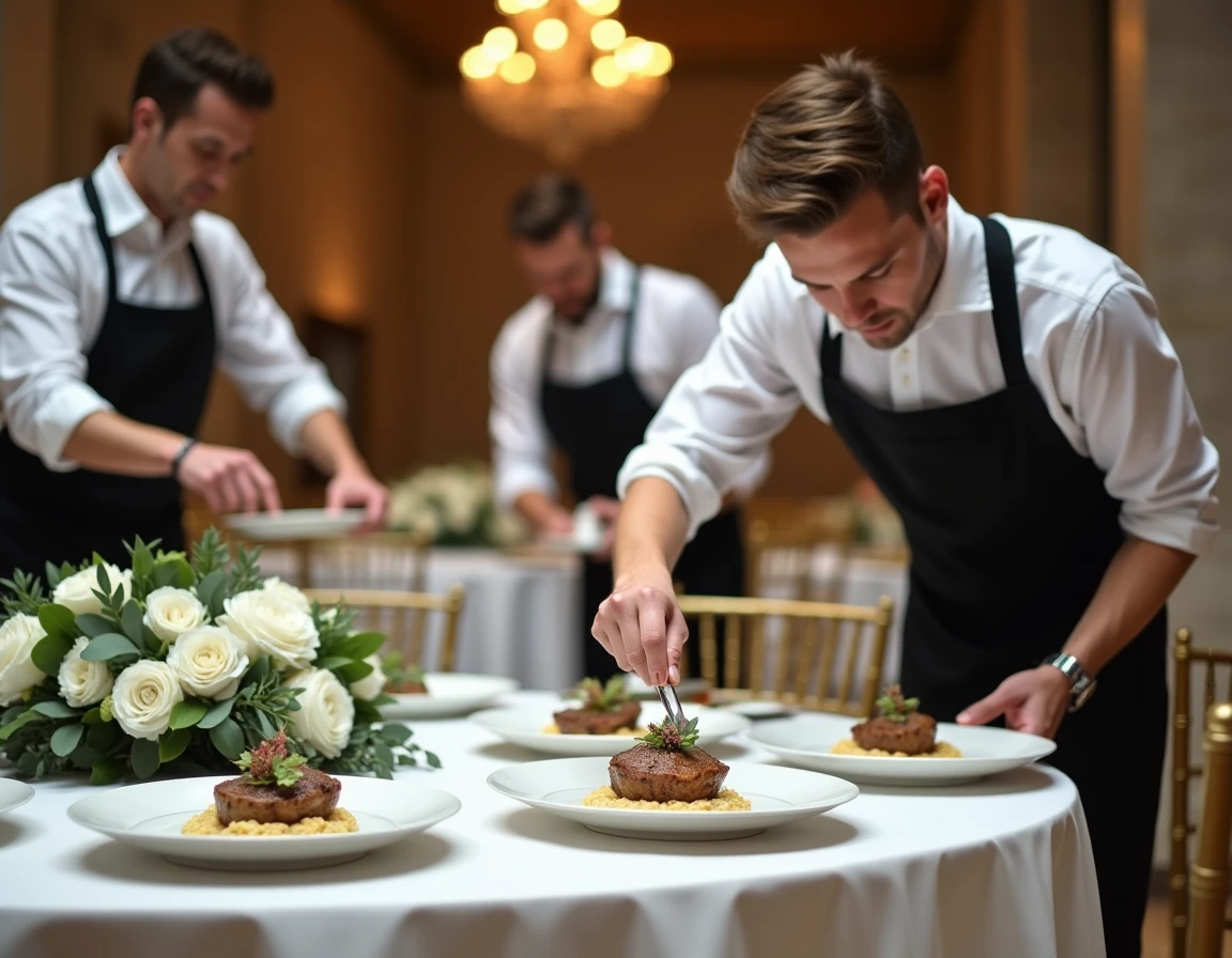 Équipe de traiteur mariage dressant des assiettes gastronomiques dans une salle de réception élégante