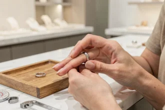 Femme essayant deux tailles de bague différentes sur son doigt dans une bijouterie minimaliste
