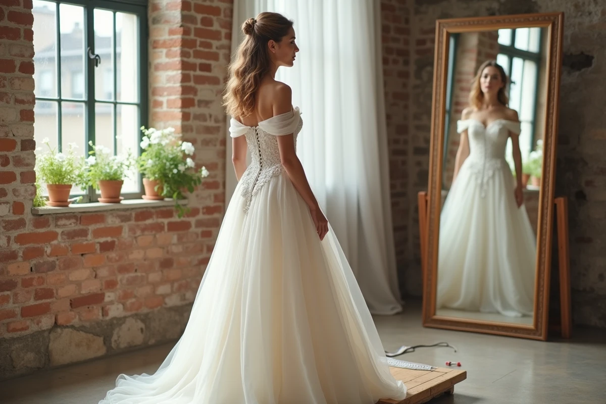 Mariée de petite taille essayant une robe ajustée sur un podium dans un atelier de retouche bridal