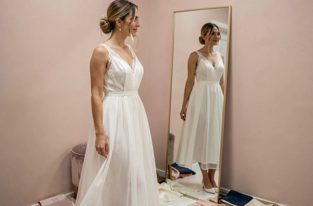 Femme essayant une robe de mariée simple en mousseline blanche avec dentelle dans une cabine d'essayage de boutique, reflet dans le miroir