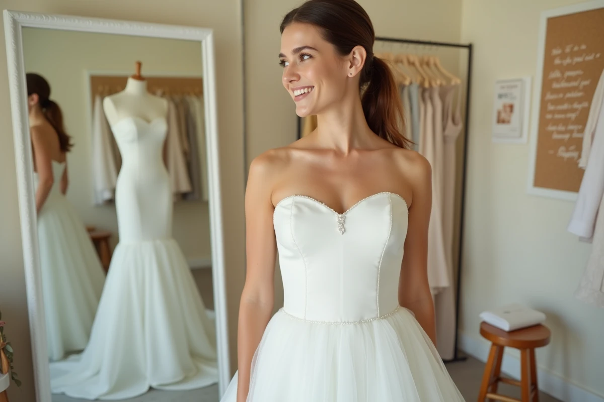 Essayage d'une robe de mariée sur mesure avec épingles et points de bâti dans une boutique de couture nuptiale