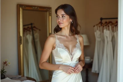 Jeune femme essayant une robe de mariée sur mesure dans une boutique de mariage intimiste