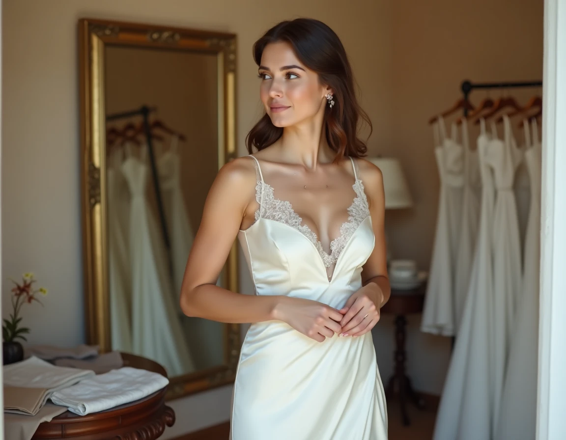 Jeune femme essayant une robe de mariée sur mesure dans une boutique de mariage intimiste