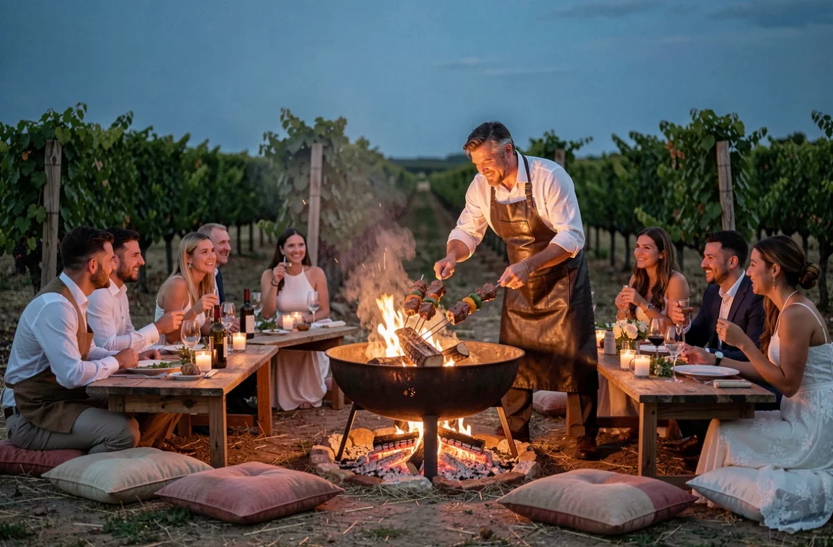 Chef d'Expérience Braséro faisant griller des brochettes d'agneau sur un brasero en fer lors d'un dîner de mariage intimiste dans un vignoble de l'Hérault au crépuscule