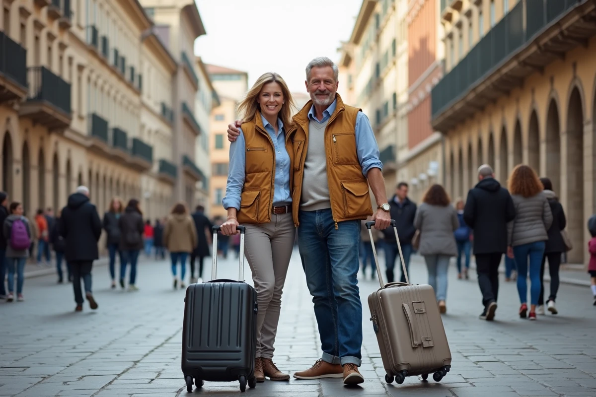 Couple avec valises dans une place urbaine animée