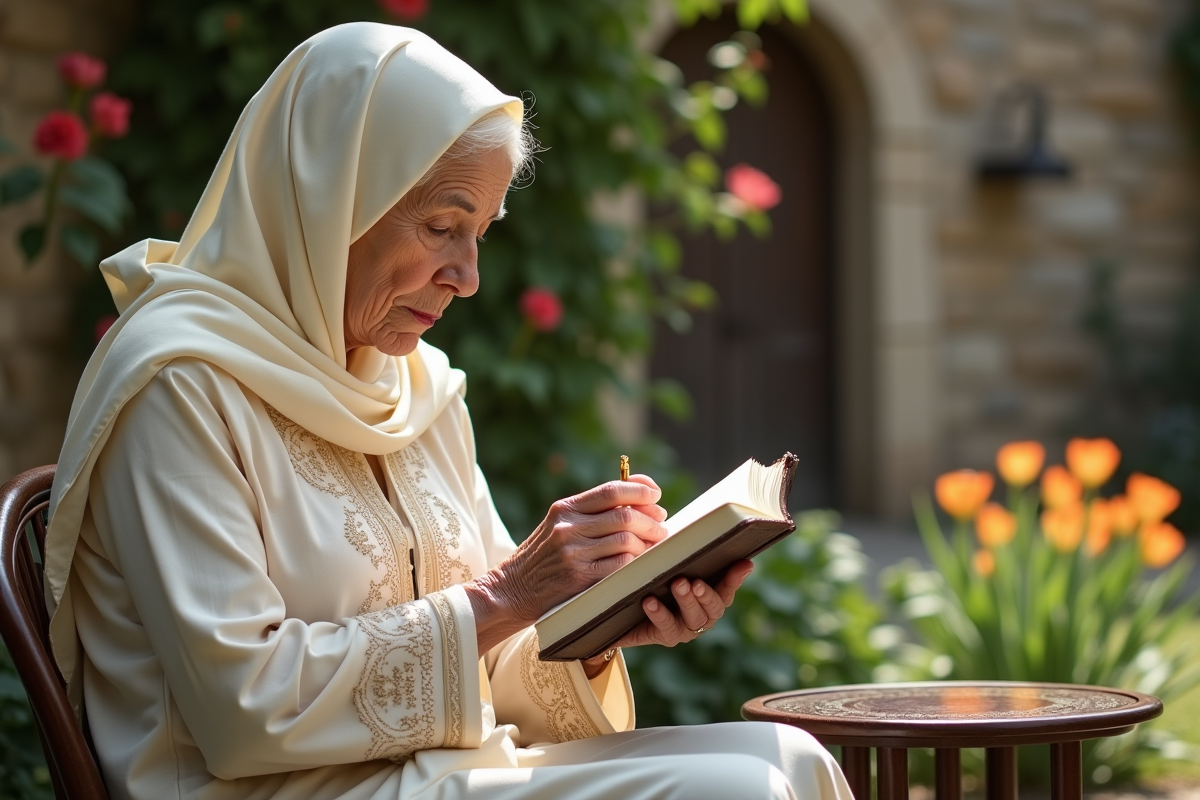 Femme âgée priant dans un jardin ensoleille