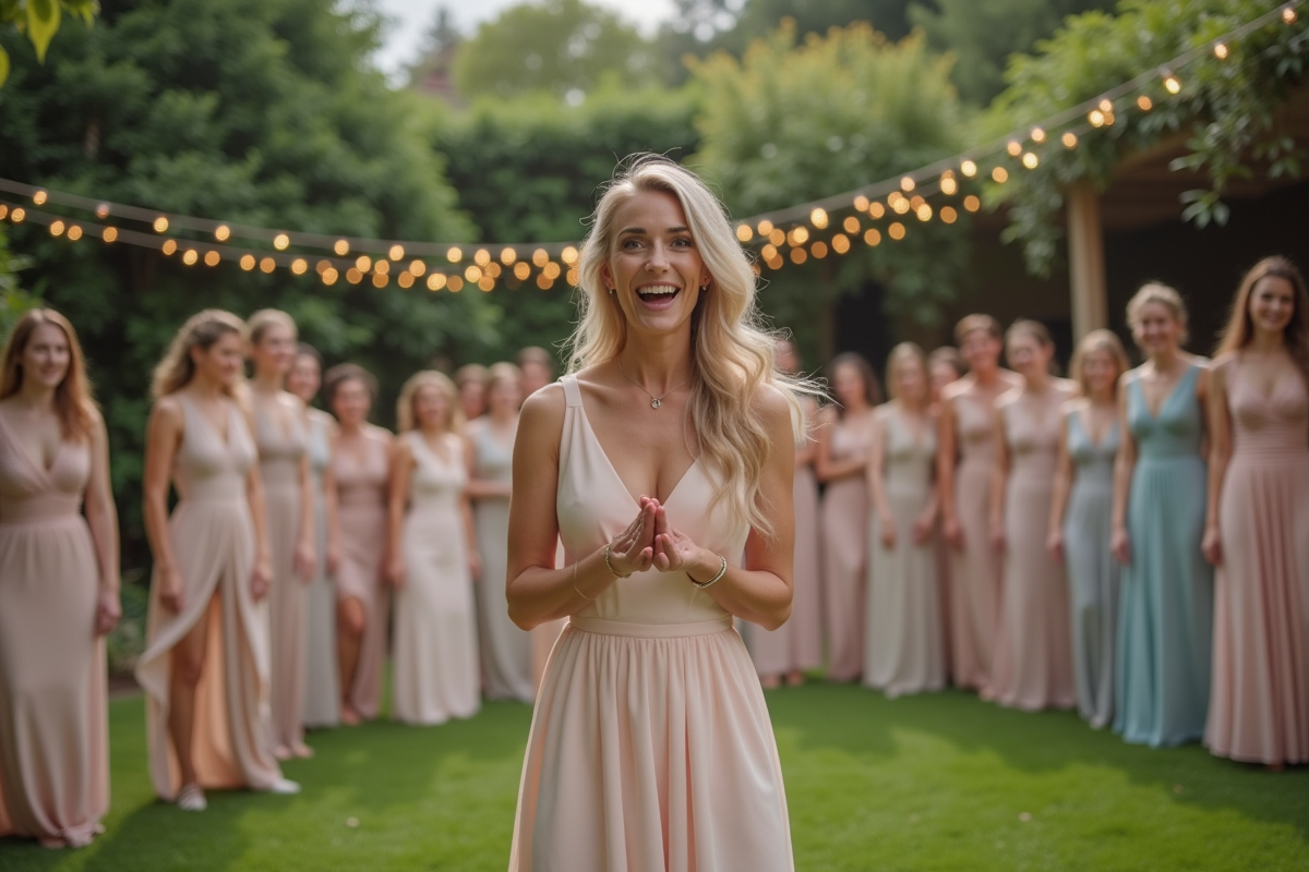 Femme en robe pastel menant un jeu de mariage en extérieur