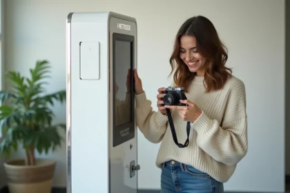 Jeune femme souriante ajustant un appareil photo numérique près d'un photobooth moderne
