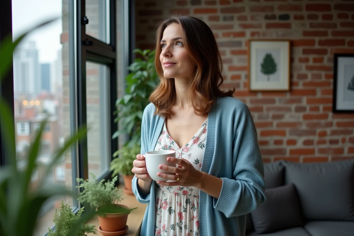 Femme avec tasse de cafe près d une fenêtre urbaine