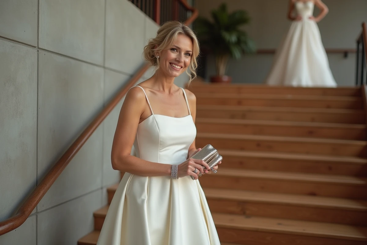 Femme mature en robe courte montant des escaliers